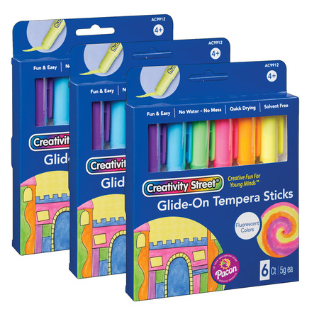 CREATIVITY STREET Glide-On Tempera Paint Sticks, Fluorescent, 5 grams, 6 Count, PK3 PAC9912